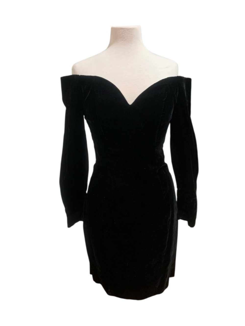 Vtg 90’s Women's Roberta Black Velvet Off-Shoulder Long Sleeve Mini Dress